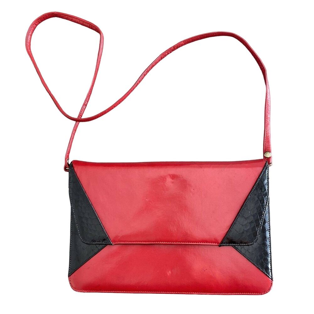Bill Valentine red leather clutch purse retro black moc croc trim shoulder bag